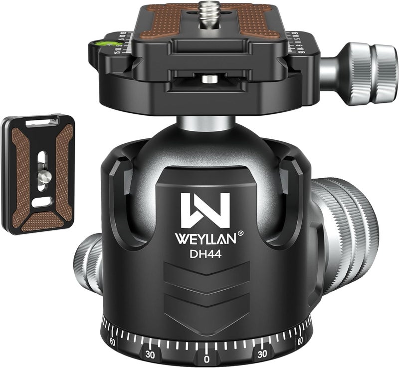 WEYLLAN Tripod Head 44mm Low Profile Ball Head, DH44 360 Degree Metal Panoramic Camera Ball Head Mount with Two Quick Release Plates, Arca Ballhead for Tripod Monopod DSLR Camera Max Load 55lbs/25kg - Image 1